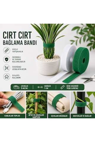 Cırt Cırtlı Kablo Düzenleyici Ve Bitki Bağlama Bandı 5 Metre X 1 Cm Kesilebilir Tekrar Kullanılabilir 5m X 1cm