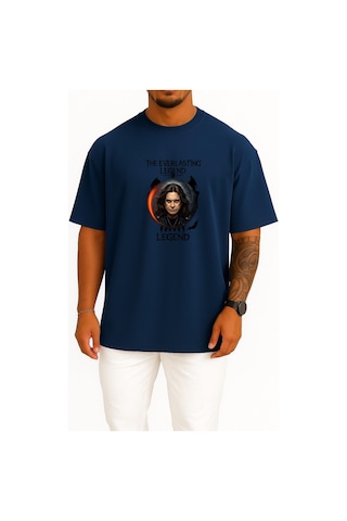 Bahriyeli Collection Oversize The Everlasting Legend Göğüs Baskılı Unisex T-shirt Lacivert