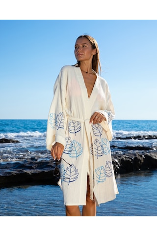 Litustyle Yaprak - Naturel & El Baskılı Pamuk Müslin Kimono Beyaz