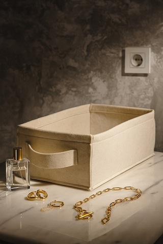 Krem Dolap İçi, Çamaşır, Oyuncak Düzenleyici, Saklama Kutusu, Keçe Sepet Organizer 38x25x13 Cm Krem