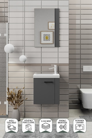 Biani Minila 45 cm Banyo Dolabı,Seramik Lavabolu, Aynalı,Lavabo Dahil,Mdf,Mat Gri