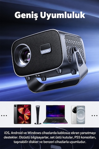 Vd-pjt003 Android 14 Akıllı Projeksiyon Cihazı, 4k Destekli 720p Hd Mini Projektör, 160 Ansı Lümen, İos Ve Android Ekran Yansıtma, Bluetooth 5.3, Hdmı, Çift Usb, 360 Döner Stand, 5w Hoparlör