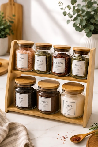 Prime Ekstra - 2 Katlı Saklama Kabı Organizer Bambu Standlı Baharatlık Seti Kaşık Hediyeli Diğer
