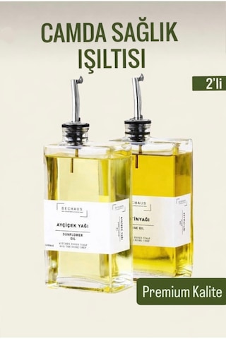 Cam Yağdanlık Seti 2 Li 500 Ml, Sızdırmaz Kapaklı, Etiketli Şişe Gümüş