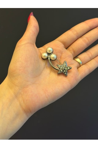 Füme Çelik İnci Boncuklu Broş Yaka İğnesi Giyim Aksesuarı 4 x 2 CM Renkli
