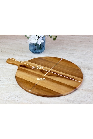 Doğal Akasya Ağacı Yuvarlak Pizza Ve Sunum Tahtası, Saplı Büyük Boy Jumbo Uyumlu Ahşap Şarküteri Tepsisi 42 X 54,5 X 1,5 Cm