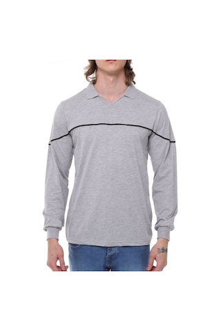 Uniprom Uzun Kollu Erkek T- Shirt Penye Polo Yaka %100 Pamuk Gri Melanj Açık Gri Melanj