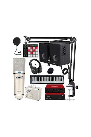Midex İmpressive Paket - 5 Stüdyo Ekipmanları Seti Monitör Mikrofon Ses Kartı Kulaklık Midi Klavye Pad Controller