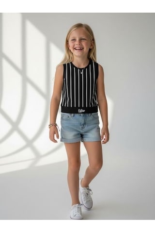 Kız Çocuk Pamuklu Çizgili Crop Bluz-16801 Siyah