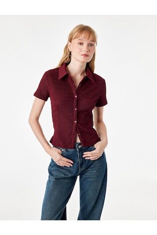 Koton Regular Fit Kısa Kollu Düğmeli Bürümcük Kumaş Polo Yaka Bluz Bordo 7wal60015ık