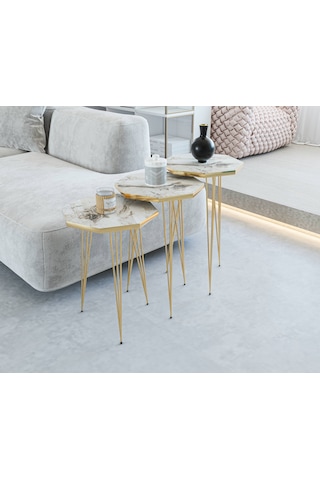 Zigon Sehpa 3'lü Sekizgen Takım Altın Tel Ayaklı Beyaz Mermer-Gold