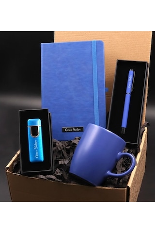 Kişiye Özel Kapaklı Mavi Usb Çakmak & Mavi Defter & Mavi Kupa Hed