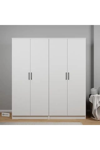 Kardelen Serisi 160 Cm Mat Beyaz 4 Kapılı 8 Raflı Elbise Dolabı - Gardırop Seti Beyaz