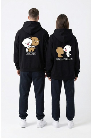 Nevermind Unisex Oversize Ayıcık Baskılı Çift Hoodie Siyah