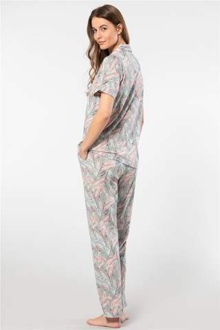 Türen 3394 Kadın Yapraklı Desenli Uzun Kollu Gömlek Yaka Pijama Takımı-gri Gri
