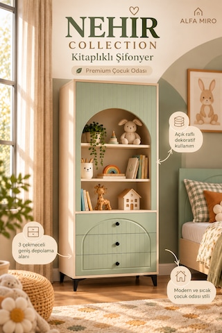 Alfa Miro Nehir Çocuk Odası - Bebek Odası - Genç Odası - Kum Beji Su Yeşili - 70x195 Kitaplıklı Şifonyer