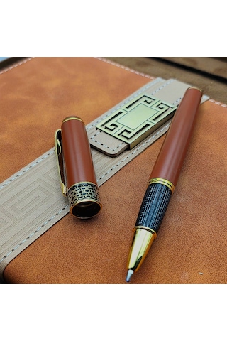 Taba Rengi Termo Deri Defter Ve Metal Roller Kalem Seti