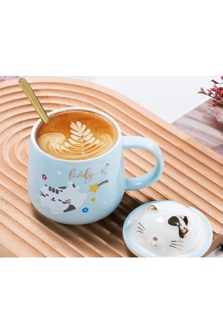Sevimli Kawai Kedi Kapaklı Kaşıklı 3d Kupa Bardak Mavi, Mavi, 3d Sevimli Kedi Figürlü Diğer
