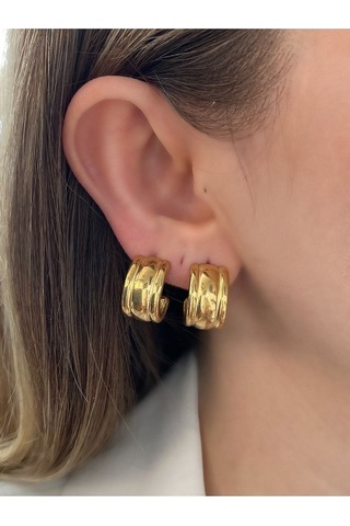 Vintage Çizgili Yarım Halka Çelik Kararmaz Küpe Çifti Altın