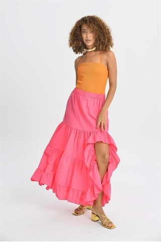 Audrey Fıfrlı Yırtmaç Detay Etek 4037 Fuşya
