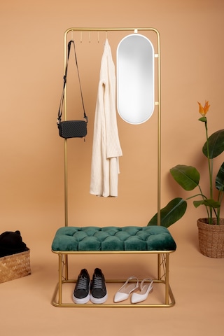 Aynalı Askılık Portmanto Ayakkabılık Kapı Girişi Vestiyer Ayakkabılık Puf Bench Gold