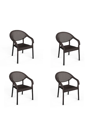 90 X 90 Bambu Plastik Rattan Camsız Bahçe Balkon Teras Kare Masa Takımı 4 Kolçaklı Sandalyeli Koyu Kahverengi