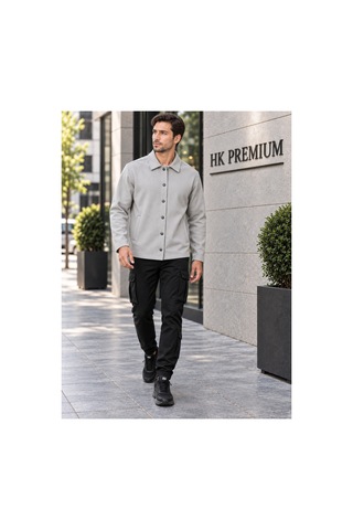 Hk Premium Erkek Gri Double Face Pike Gömlek Ceket Regular Fit, Çıtçıtlı, Uzun Kollu, Smart Casual Antrasit