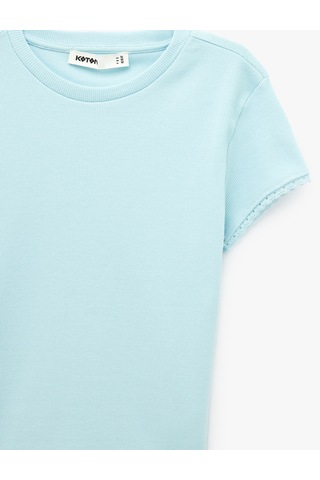 Koton Ribanalı Pamuklu Slim Fit Bisiklet Yaka Kısa Kollu Dantel Detaylı Tişört Mavi 6sak50506ek