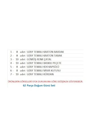 Uzay Temalı Tabak, Bardak, Çatal, Peçete, Kek Kapsülü, Mısır K, Kürdan Seti