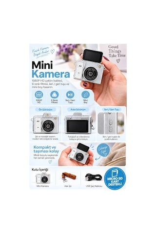 Mimtec Blm-109 Retro Mini Dijital Kamera 1080p Hd Katlanabilir Ekran Flaşlı Selfie Vlog Video Kamerası Beyaz