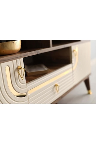 110 CM ART RAFLI MDF MEBRAN KAPAK TV SEHPASI PASİFİK CEVİZ - GOLD