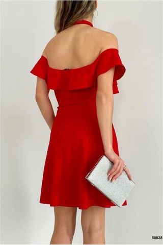 Store Tül Volanlı Yaka Mini Elbise Kayık Kumaş Zümrüt - 935899180 Zümrüt