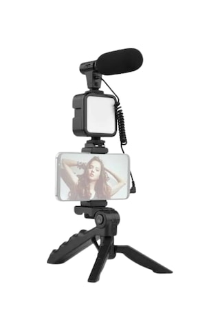 Tripod - 410 - Telefon Tutucu Kumandalı Mikrofon Led Işık Vlog - Csmo-tex - Video Kayıt Çok Renkli