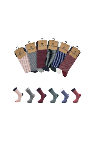 Erkek Çok Renkli Soket Uzun Çizgili Desenli Çorap Dikişsiz 6'lı Paket Çok Renkli