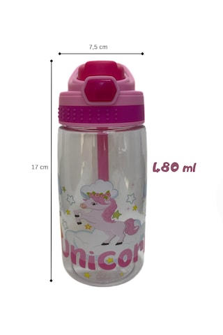 480 Ml Baskılı Çocuk Matarası Kilitli Kapak Ve Taşıma Kulpu Pembe