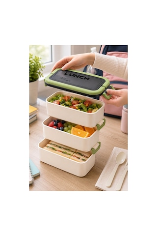 Yeşil Beslenme Kutusu 3 Bölmeli 1 Adet 3 Bölmeli Beslenme Kabı Yemek Saklama Kabı Taşınabilir Lunch Box Okul