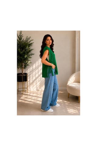 Hira Life Fashion Kadın Bisiklet Yaka Yanları Açık Bağcıklı Oversize Triko Süveter Yeşil Yeşil