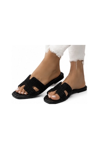 N Napa Shoe Np.1050.siyah Kadın Siyah Taş Detaylı Günlük Terlik Konforlu Düz Taban Şık Yazlık Terlik