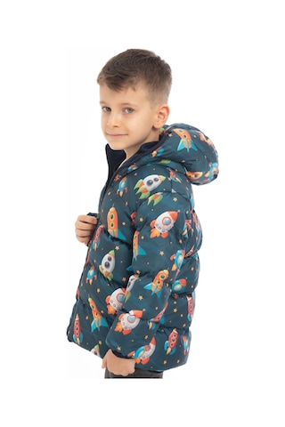 Erkek Çocuk Içi Polarlı Kapüşonlu Roket Desenli Kışlık Şişme Mont Lacivert
