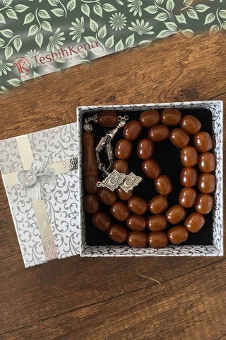 Özel Kutusunda İri Tane Kahverengi Renk Toz Kehribar Tesbi