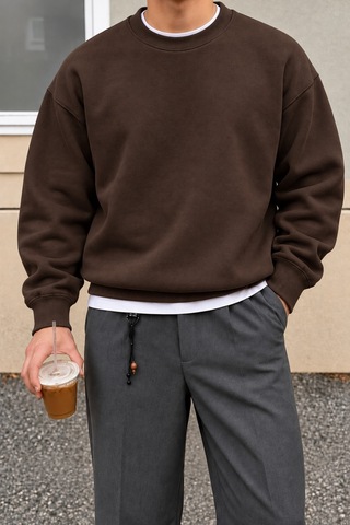 Cool Tarz Erkek 3 İplik Şardonlu Regular Fit Bisiklet Yaka Basic Sweatshirt Kahverengi Kahverengi