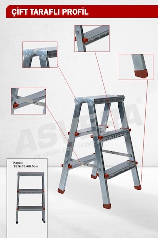 Asvera 3+3 Çift Çıkışlı A Tipi Katlanabilir Profil Merdiven - Çift Taraflı Galvanizli Merdiven