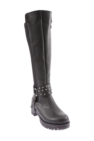 Dgn 607 Kadın Bilek Tokalı Zincir Detaylı Arkası Stretch Knee High Flats Çizme Siyah