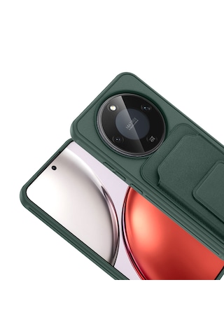 Honor Magic 8 Lite 5g Kılıf Arka Yüzey Kartlıklı Deri Doku Premium Silikon Standlı Özelliği Kapak Koyu Yeşil
