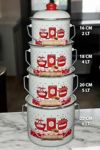 Nishev Zarif İtalyan Reçel Emaye Yoğurt, Tahıl, Bakliyat Tencere Seti Emaye Bakraç