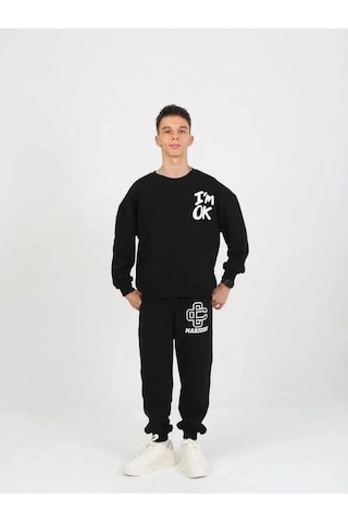Çocuk I'm Ok Yazılı 2 İplik Sweatshirt-15233 Siyah
