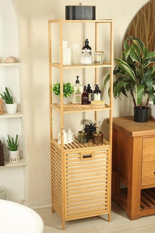 Digithome Bambu Kirli Sepetli 4 Raflı Çok Amaçlı Banyo Düzenleyici Çamaşır Sepeti Organizer Db-0009 Ahşap