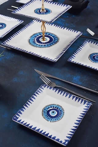 Piatti Naturali İkram Seti Nazar Çift Katlı Sunum Tabağı & 6 Lı Tatlı Tabağı