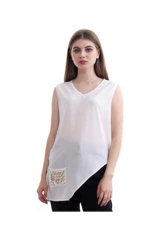 Self Clothing Kadın Beyaz V Yaka Cep Ve Yırtmaç Detaylı Bluz Slf1246-Beyaz