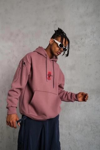 Novalisse Erkek 3 İplik Pamuklu Kapüşonlu Baskılı Cepli Sweatshirt Hoodie - Gül Kurusu Çoklu Renk